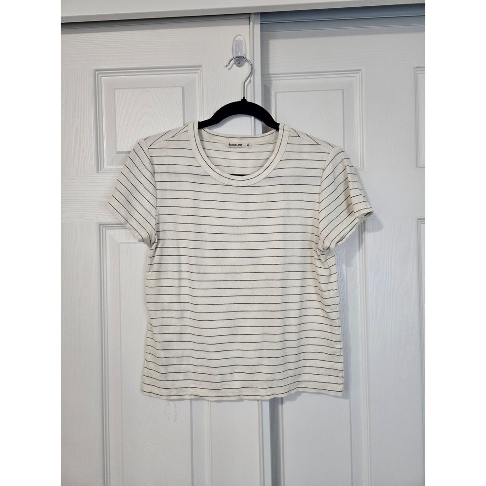 Marine Layer Womens White Black Striped Ribbed Crew Neck Short Sleeve Tee Size M